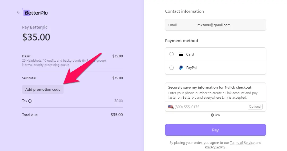 Add Promotion Code BetterPic