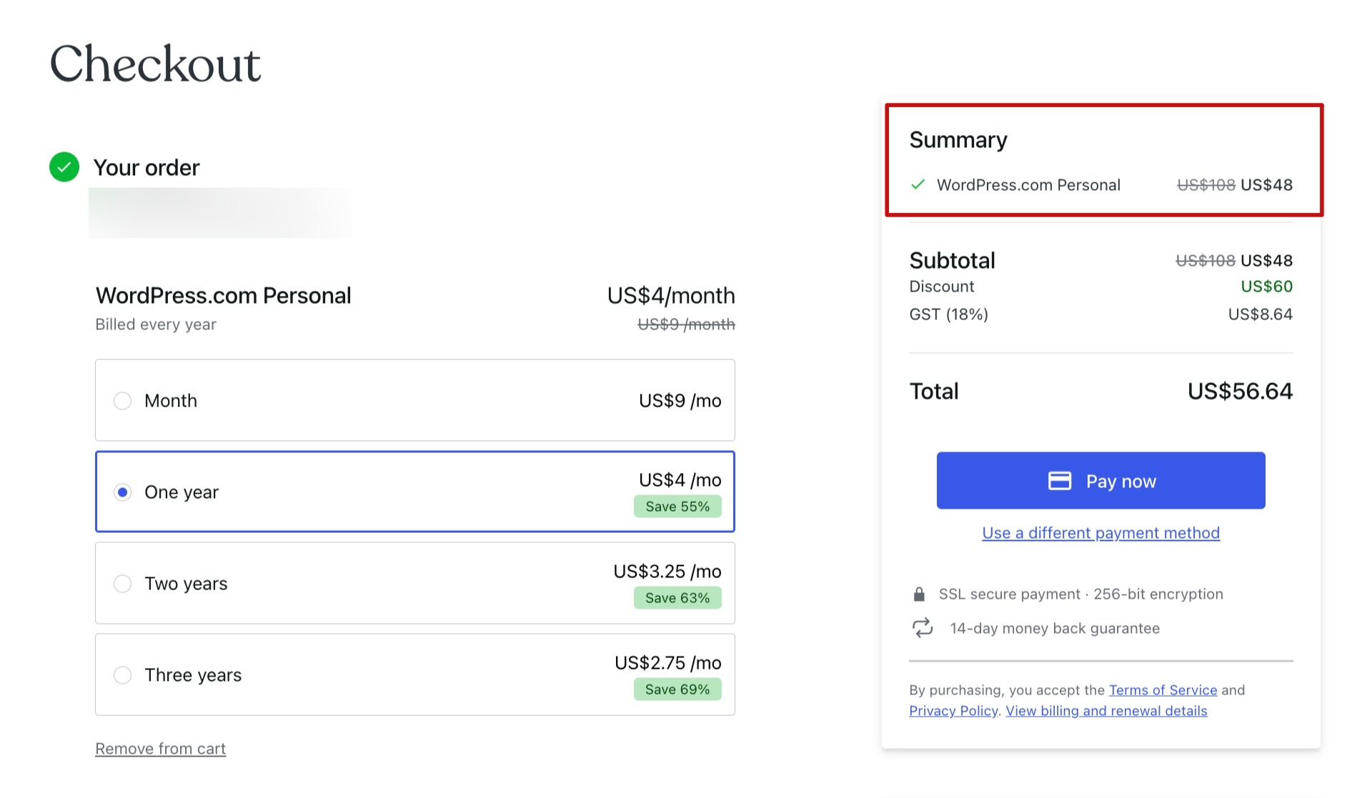 Checkout WordPress.com Personal Plan