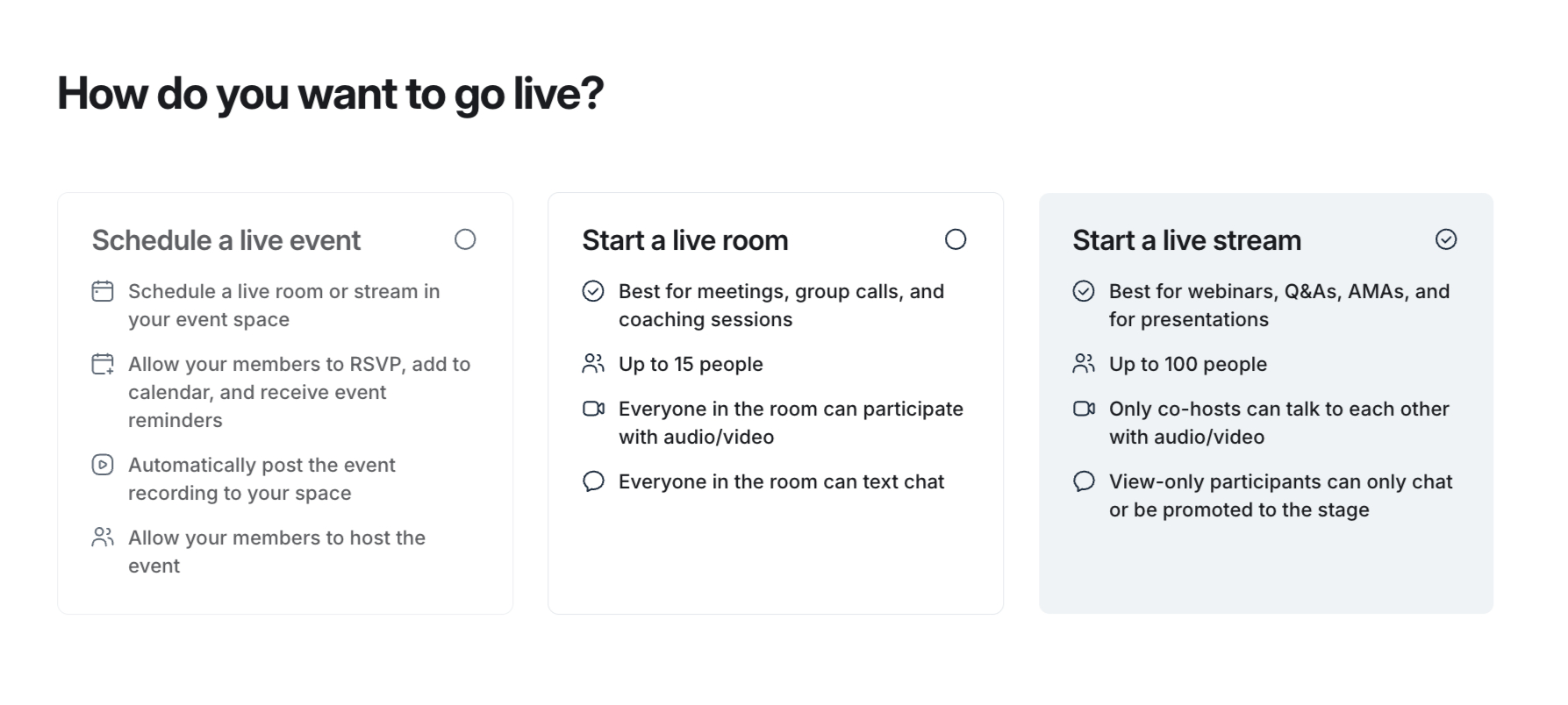 Live Stream Options in Circle Live Stream Options in Circle