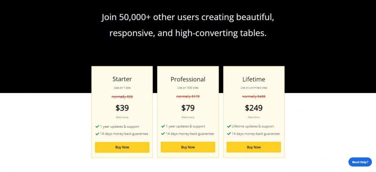 Pricing WP Table Builder