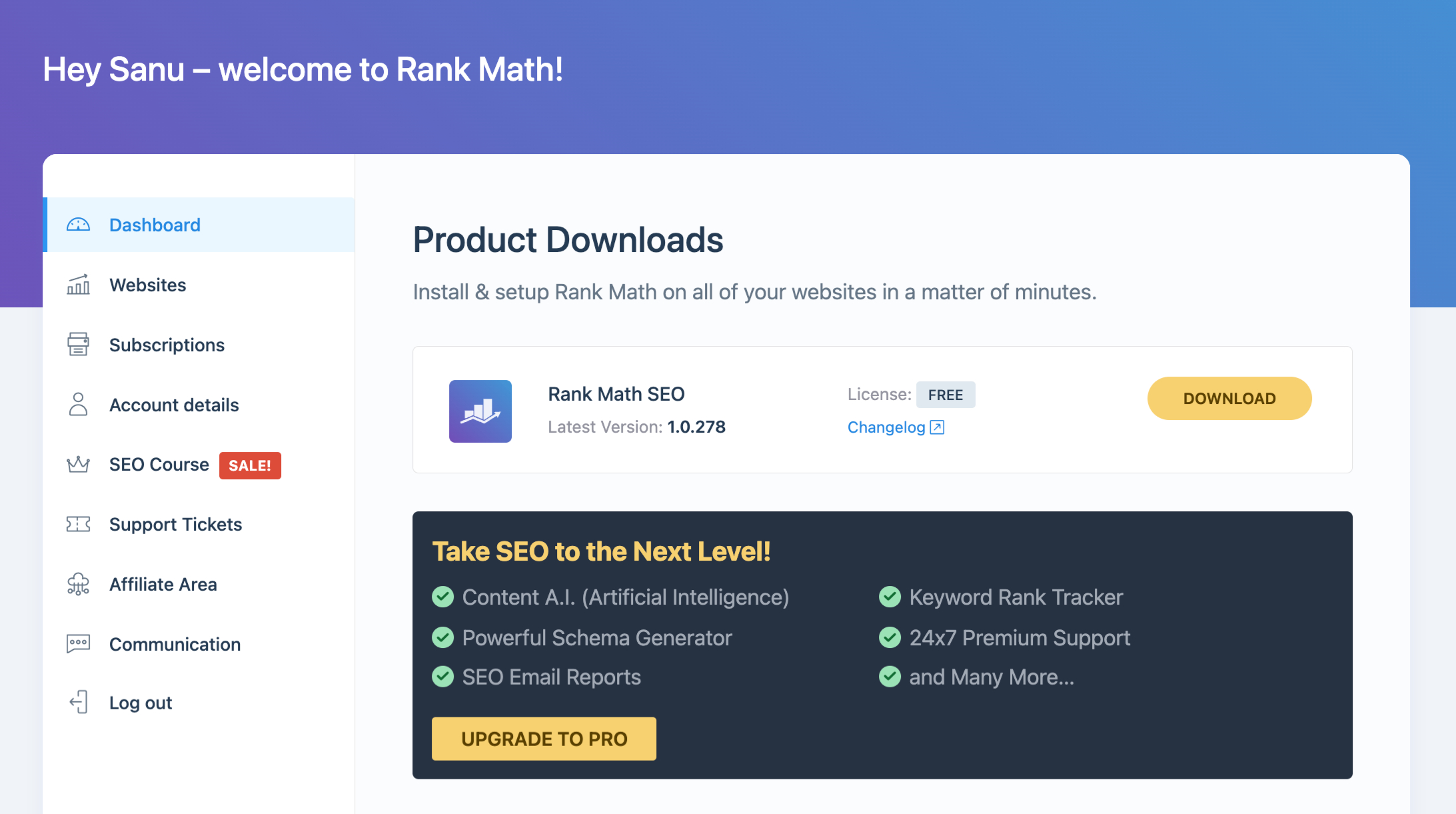 Rank Math Dashboard Rank Math Dashboard