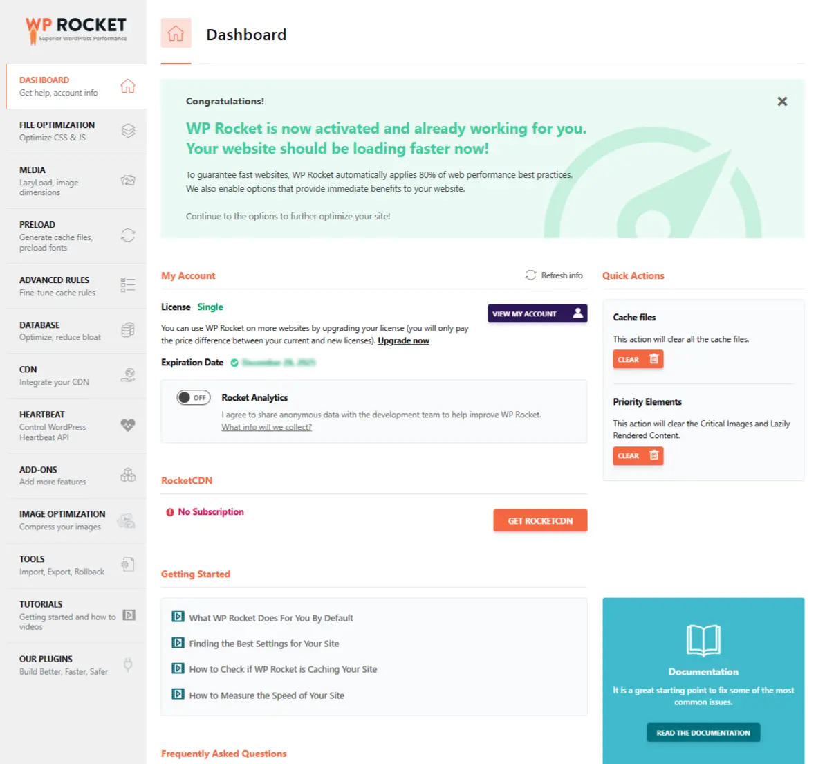WP Rocket Interface WP Rocket Interface