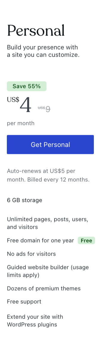 WordPress.com Personal Plan Features